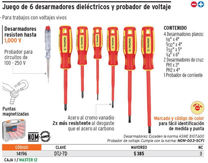 Juego 6 desarmadores dieléctricos y 1 probador de corriente, Desarmadores  Dieléctricos, 14196