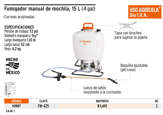 Pastor Calígrafo Completamente seco Fumigador de mochila tipo 425, 15 litros – Ingenieria Servirent Shop