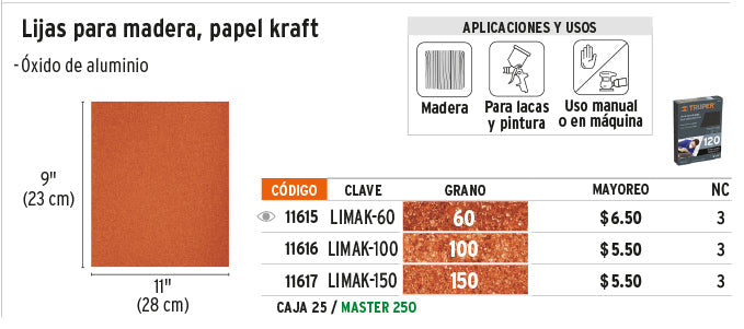 Lija Para Madera Papel Kraft Grano 60 23 Cm X 28 Cm Mod. Limak-60 Ref.