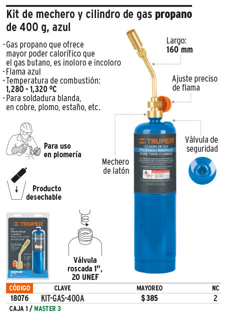 Kit de mechero y cilindro de gas propano de 400 g, azul, Latas y Cilindros  De Gas, 18076