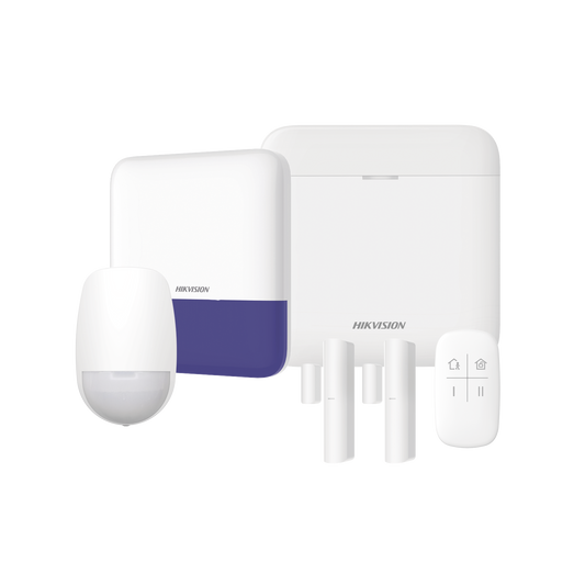 (AX PRO) KIT de Alarma AX PRO / Incluye: 1 Hub con bateria de respaldo / 1 Sensores PIR / 2 Contactos MagnÃ©ticos / 1 Control Remoto / 1 Sirena Inalambrica Exterior / WiFi / Compatible con Hik-Connect P2P