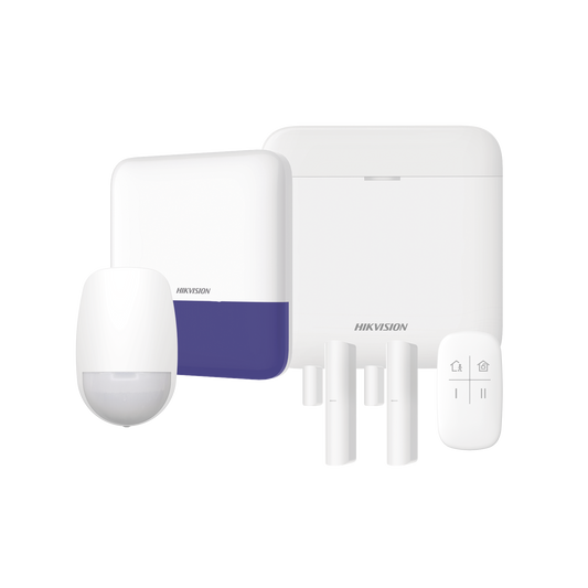 (AX PRO) KIT de Alarma AX PRO con GSM (3G/4G) / Incluye: 1 Hub con bateria de respaldo / 1 Sensores PIR / 2 Contactos MagnÃ©ticos / 1 Control Remoto / 1 Sirena Inalambrica Exterior / WiFi / Compatible con Hik-Connect P2P