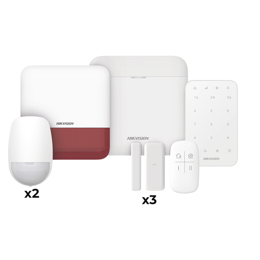 (AX PRO) KIT de Alarma AXP RO / Incluye: 1 Hub / 2 Sensores PIR / 3 Contactos MagnÃ©ticos mini / 1 Control Remoto / 1 Sirena Estrobo en color Rojo Inalambrica Exterior /1 Teclado InalÃ¡mbrico / WiFi / Compatible con Hik-Connect P2P