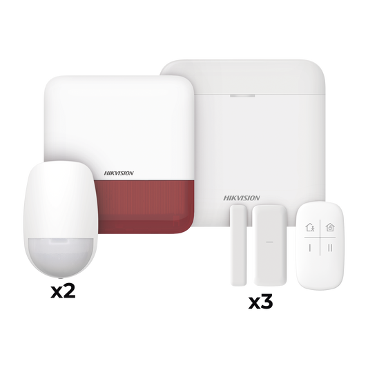 (AX PRO) KIT de Alarma AX PRO con GSM (3G/4G) / Incluye: 1 Hub con bateria de respaldo / 2 Sensores PIR / 3 Contactos MagnÃ©ticos mini / 1 Control Remoto / 1 Sirena estrobo Roja Inalambrica Exterior  / WiFi / Compatible con Hik-Connect P2P