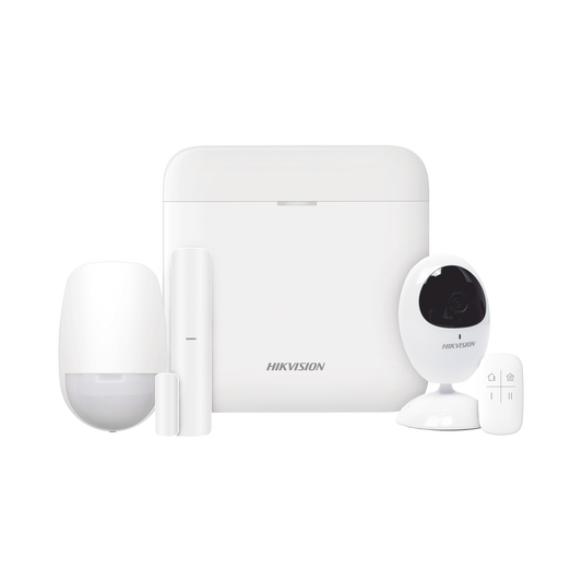 (AX PRO) KIT de Alarma AX PRO con GSM (3G/4G) / Incluye: 1 Hub con bateria de respaldo / 1 Sensor PIR / 1 Contacto Magnético / 1 Control Remoto / 1 Cámara IP / Wi-Fi / Compatible con Hik-Connect P2P / DS-2CV2U21FD-IW