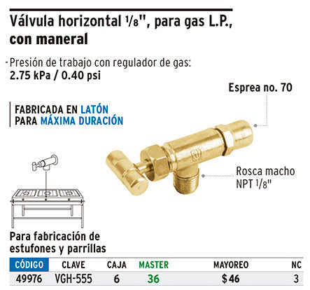 Válvula horizontal con maneral 1/8' para gas LP    CODIGO- 49976