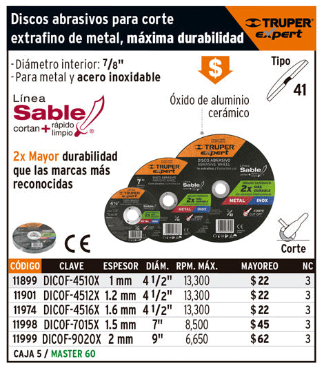 Disco tipo 41, corte metal, Línea Sable 4-1/2',1mm, Expert    CODIGO- 11899