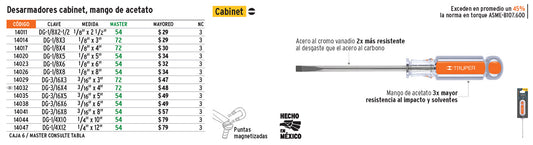 Desarmador cabinet 1/8x2-1/2' mango de acetato    CODIGO- 14011 Default Title