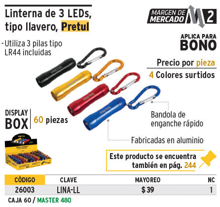 Llavero tipo linterna con LED, incluye pila LR44, 60 piezas    CODIGO- 26003 Default Title