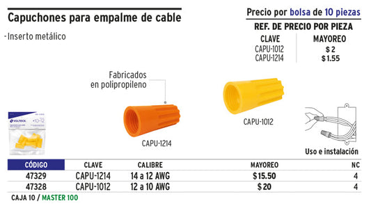 Capuchones para cable, calibres 12 a 14 awg, 10 pzas    CODIGO- 47329 Default Title
