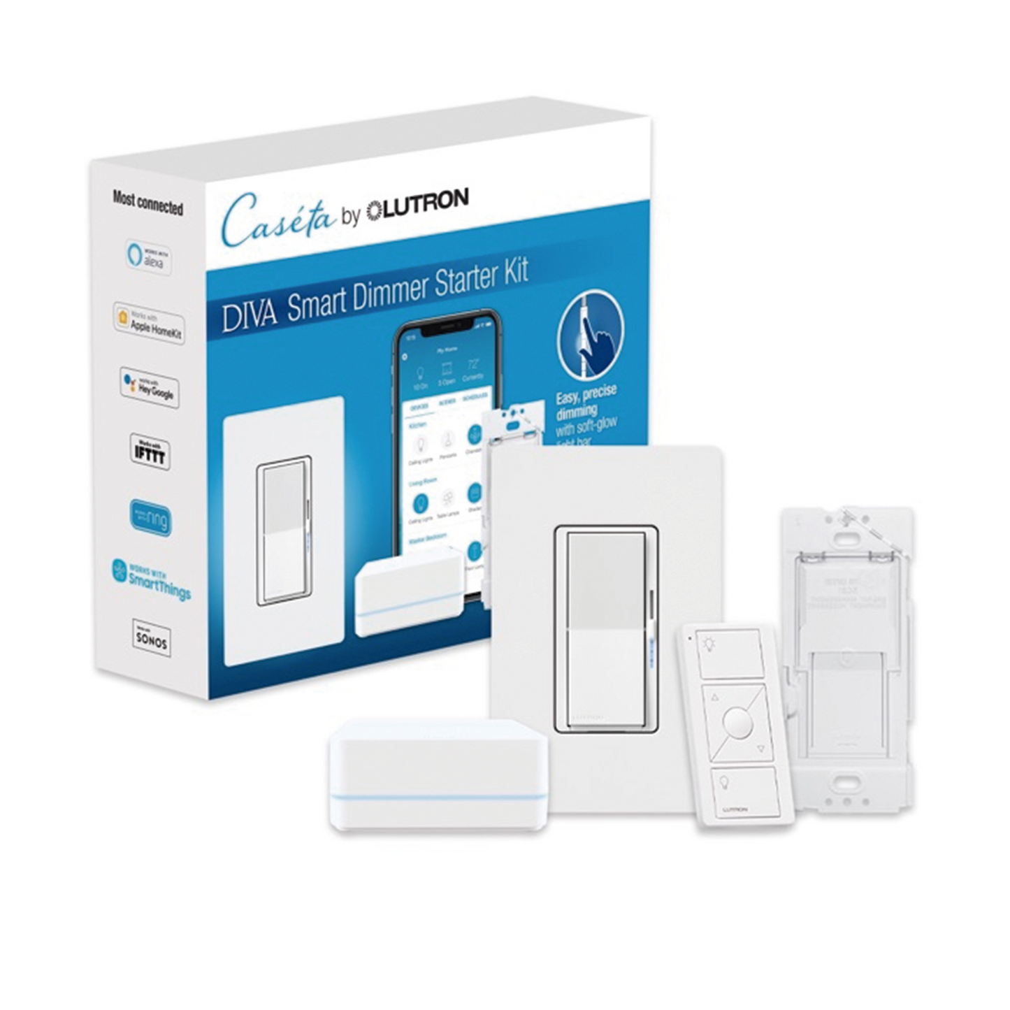 (Caseta Wireless) Kit Hub controlador, atenuador, control remoto PICO, base de pared y tapa.