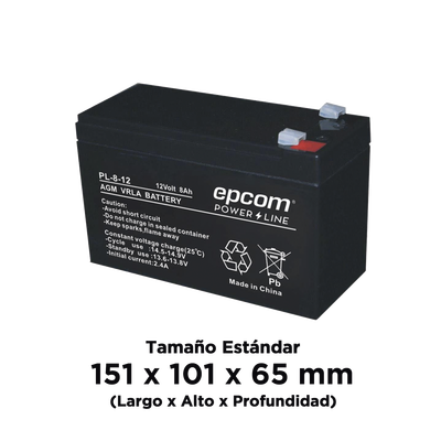 EPCOM POWERLINE PL812 Bater&iacute;a con Tecnolog&iacute;a AGM/VRLA / 12 Vcd / 8 Ah / TAMA&Ntilde;O ESTANDAR (151 x 101 x 65 mm)